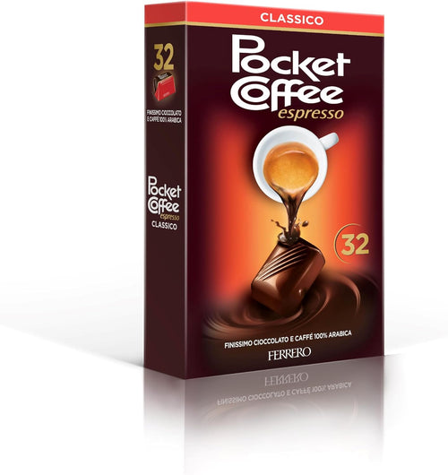 Ferrero Pocket Coffee, 32 Specialità Ripiene di Caffè Liquido, 100% Arabica, Racchiuso in un Guscio di Finissimo Cioccolato, Senza Glutine, Confezione da 400 gr